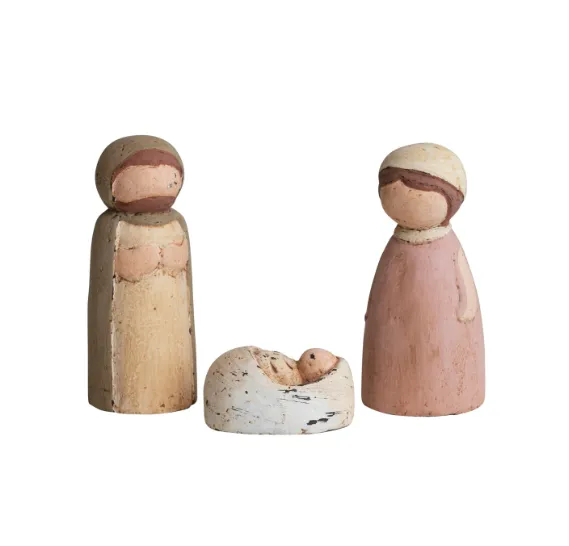 1/2"H - 3-3/4"H Handmade Paper Mache Holy Family, Multi Color, 3 piece