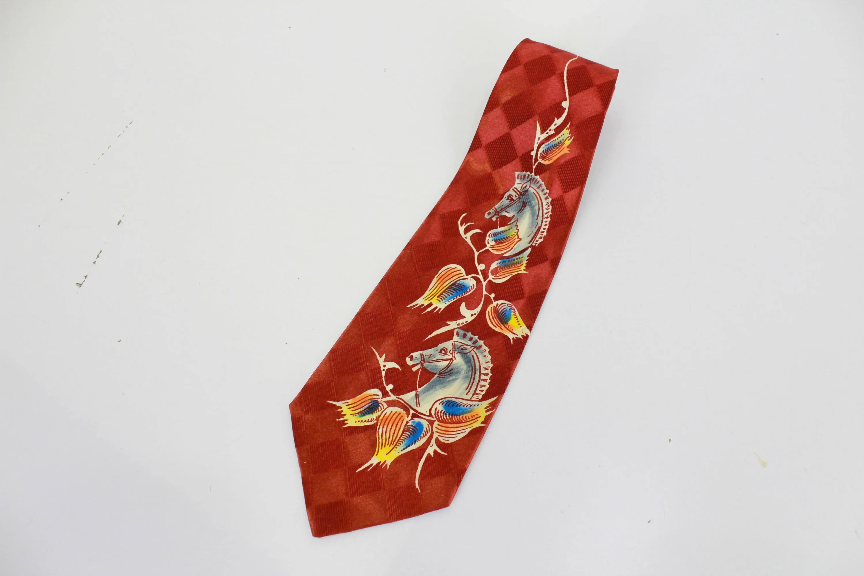 1940s Novelty Swing Necktie, Hand Painted Horse Rayon Bold Look