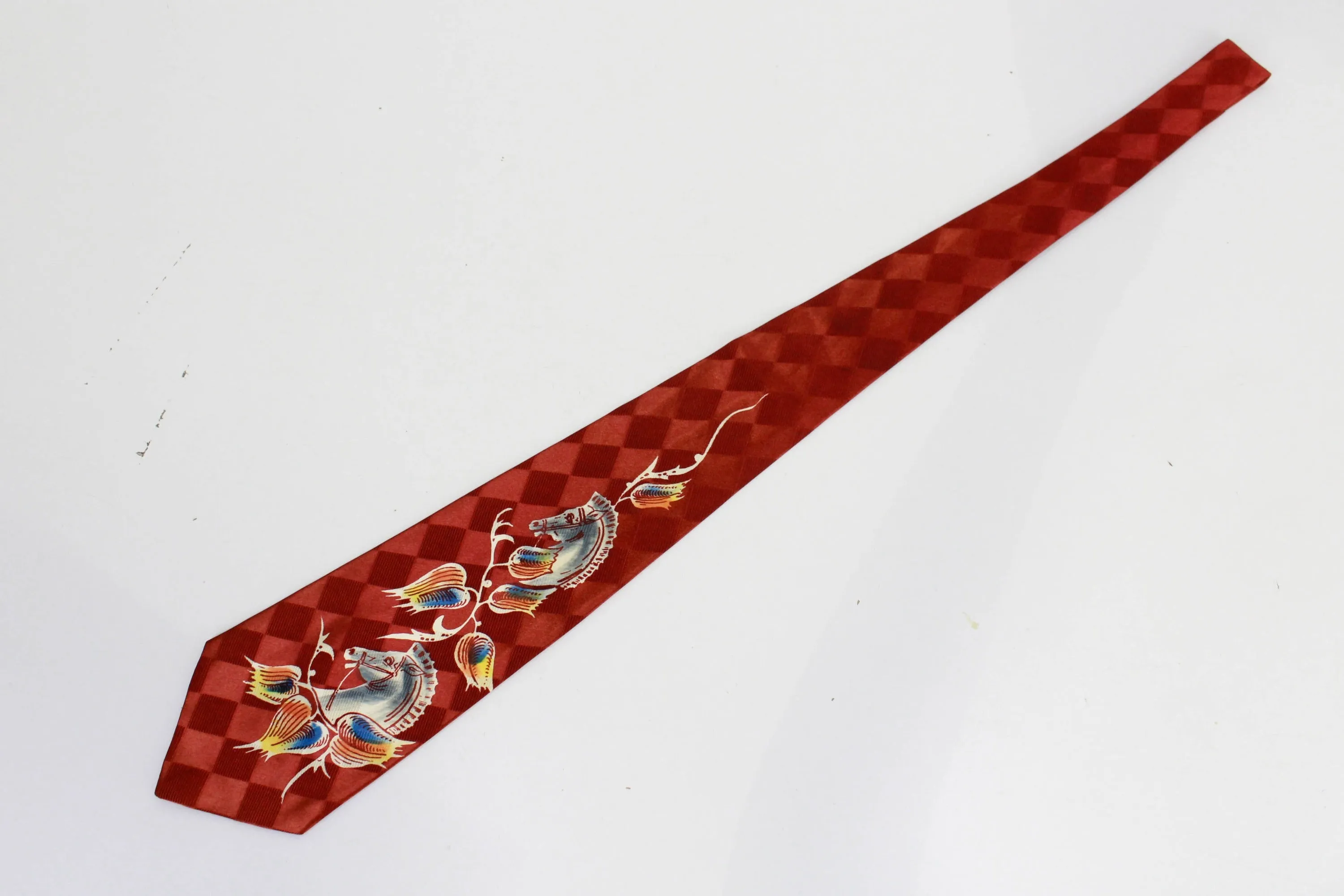 1940s Novelty Swing Necktie, Hand Painted Horse Rayon Bold Look