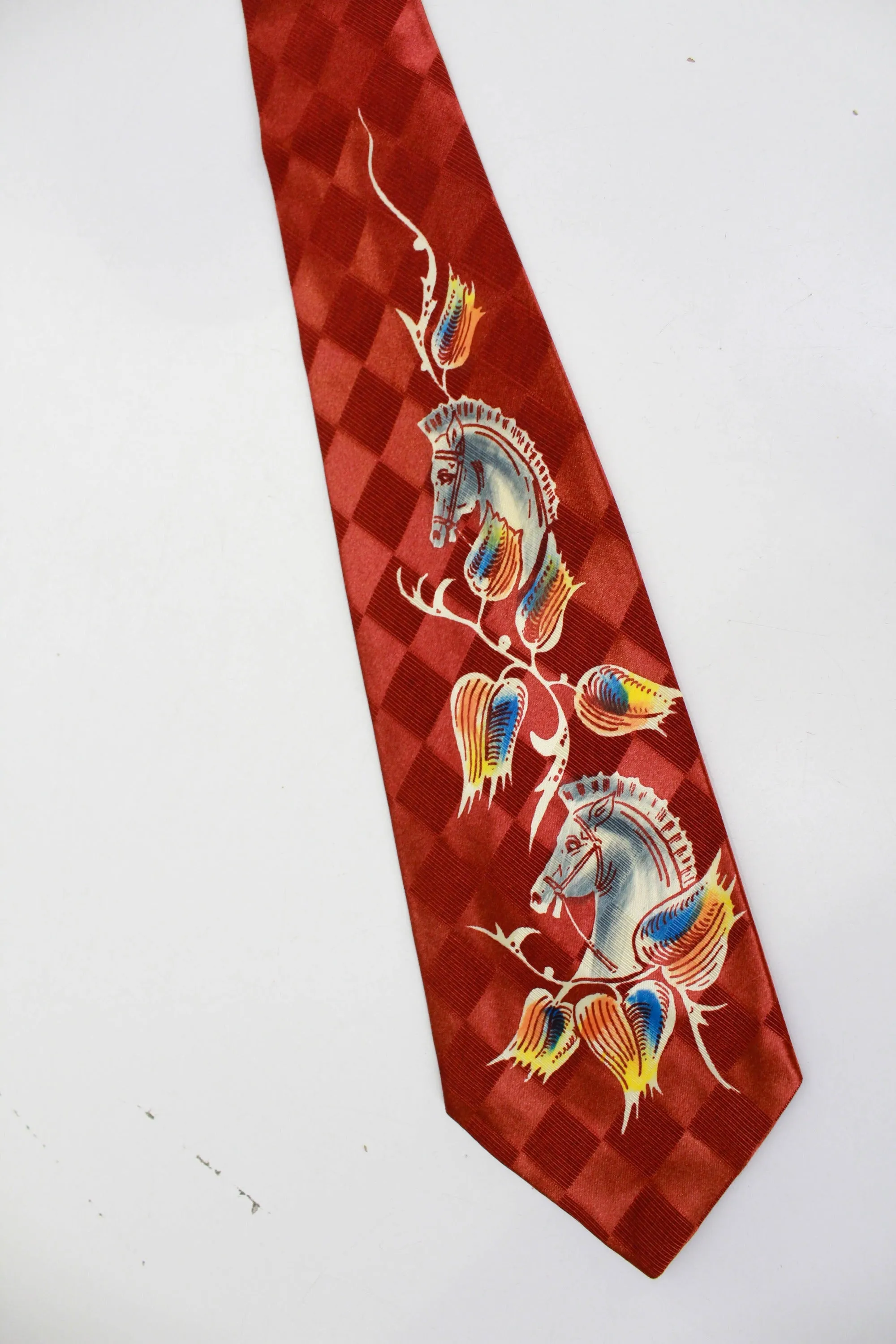 1940s Novelty Swing Necktie, Hand Painted Horse Rayon Bold Look