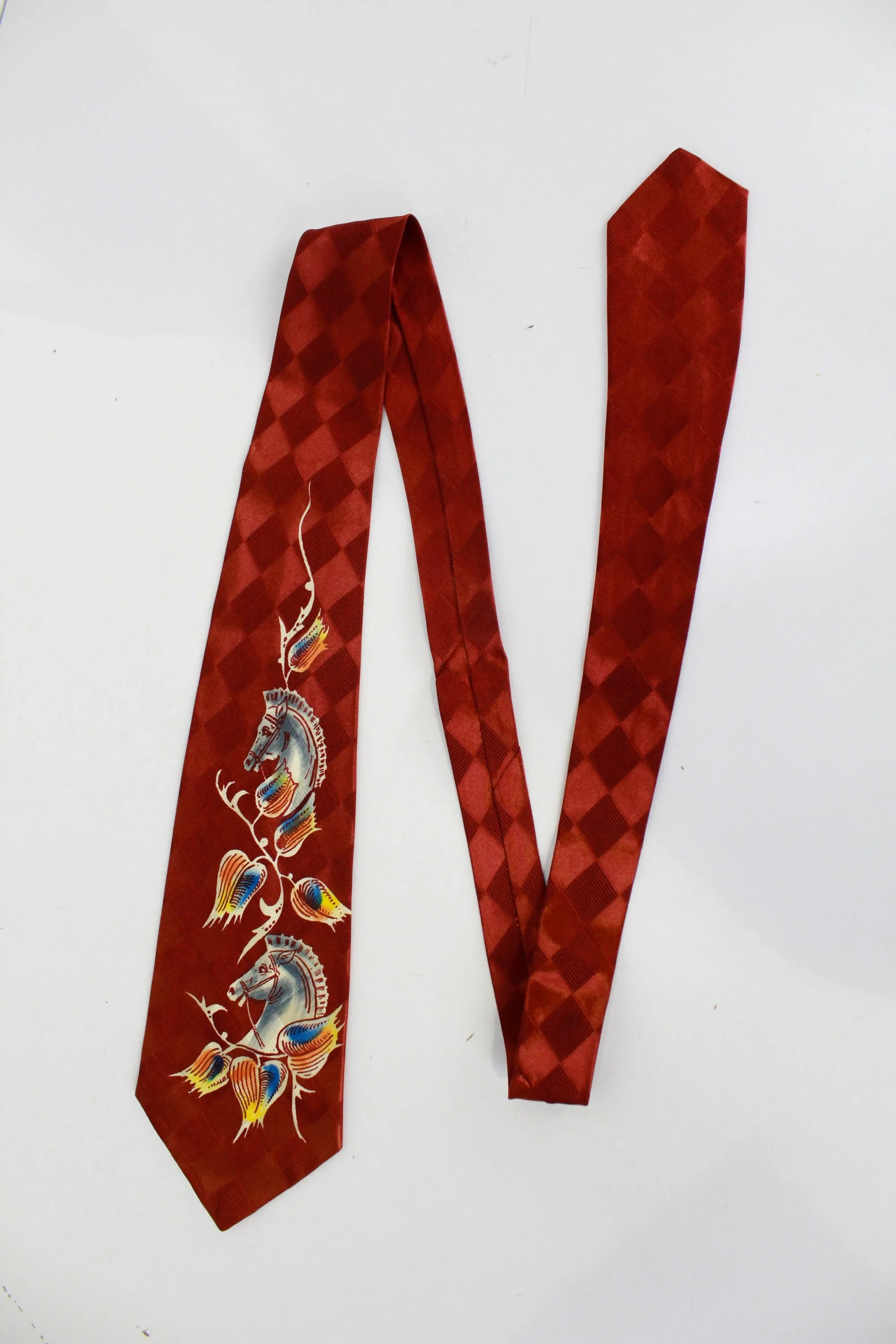 1940s Novelty Swing Necktie, Hand Painted Horse Rayon Bold Look