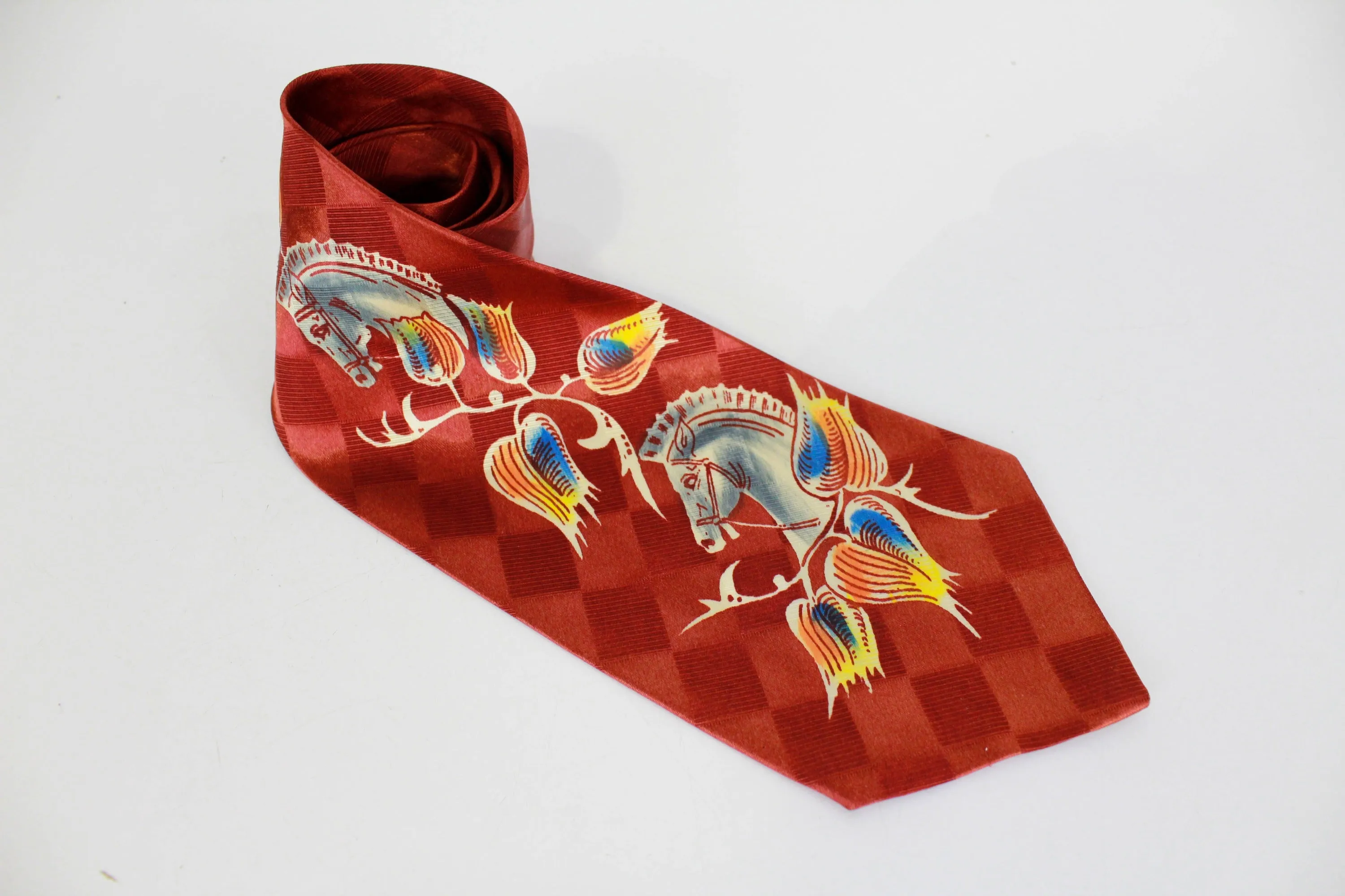 1940s Novelty Swing Necktie, Hand Painted Horse Rayon Bold Look