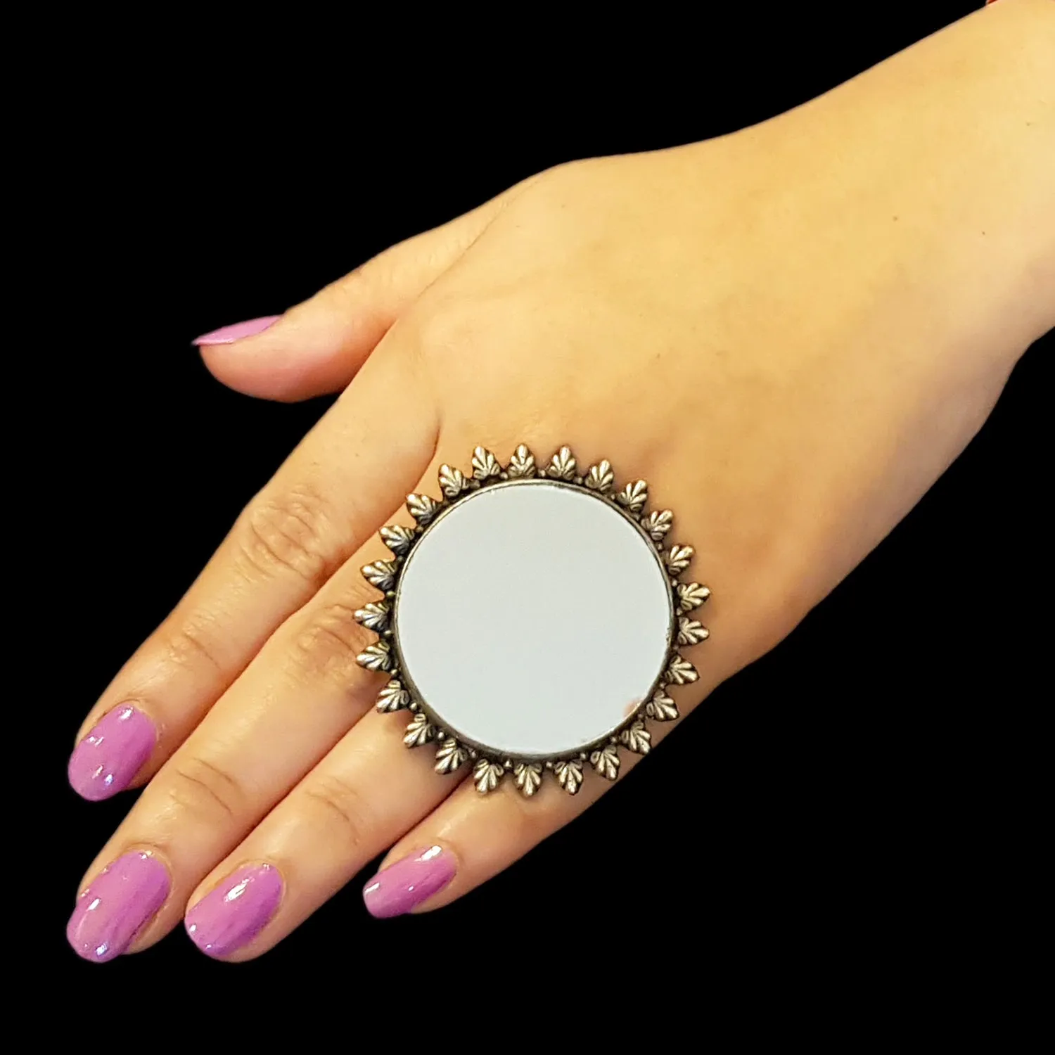 925 Silver Antique Look Adjustable Ring With Mirror