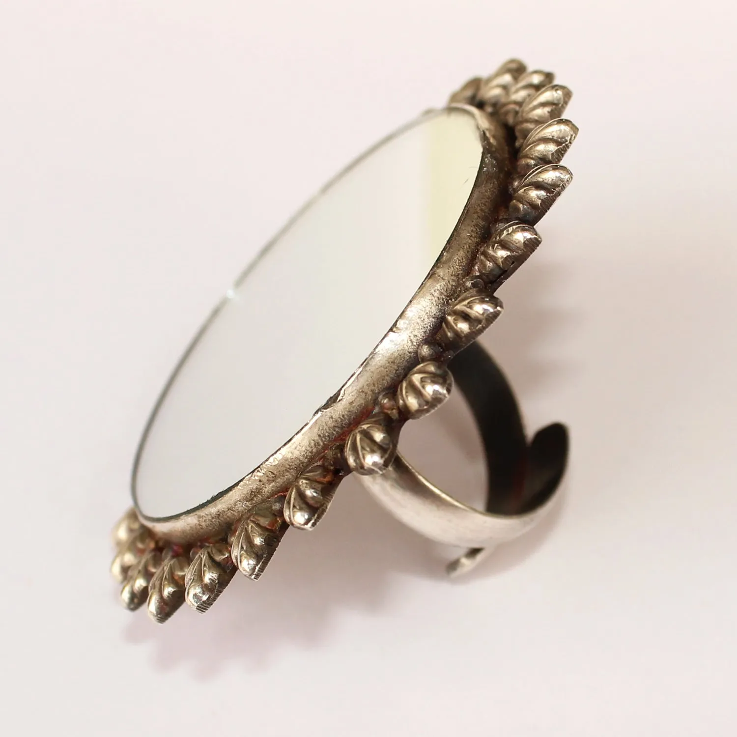 925 Silver Antique Look Adjustable Ring With Mirror