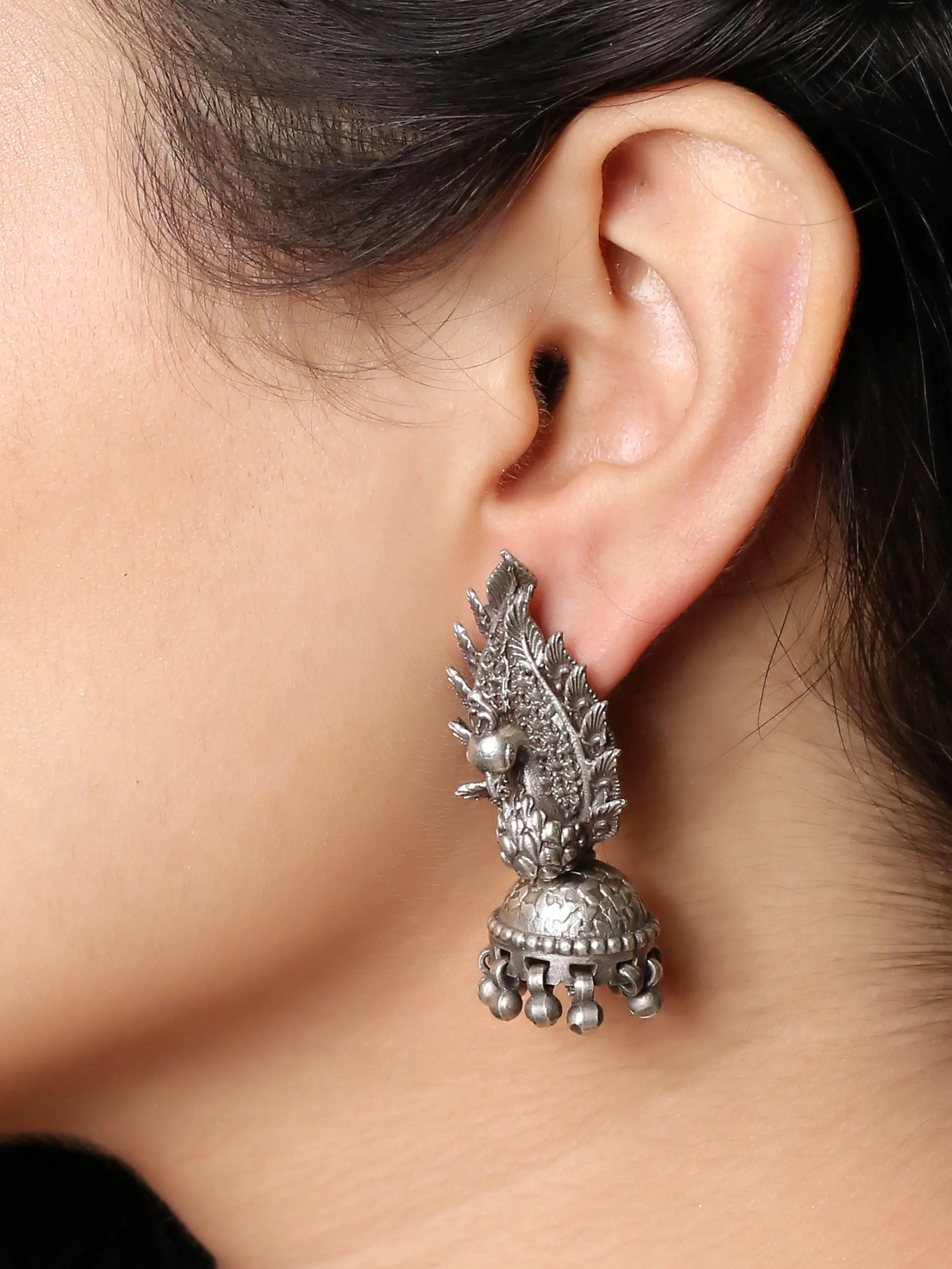 925 Silver Antique Look Exclusive 3D Peacock Earrings With Jhumki