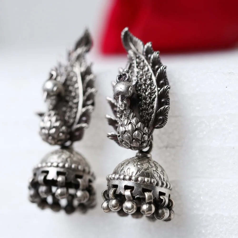 925 Silver Antique Look Exclusive 3D Peacock Earrings With Jhumki