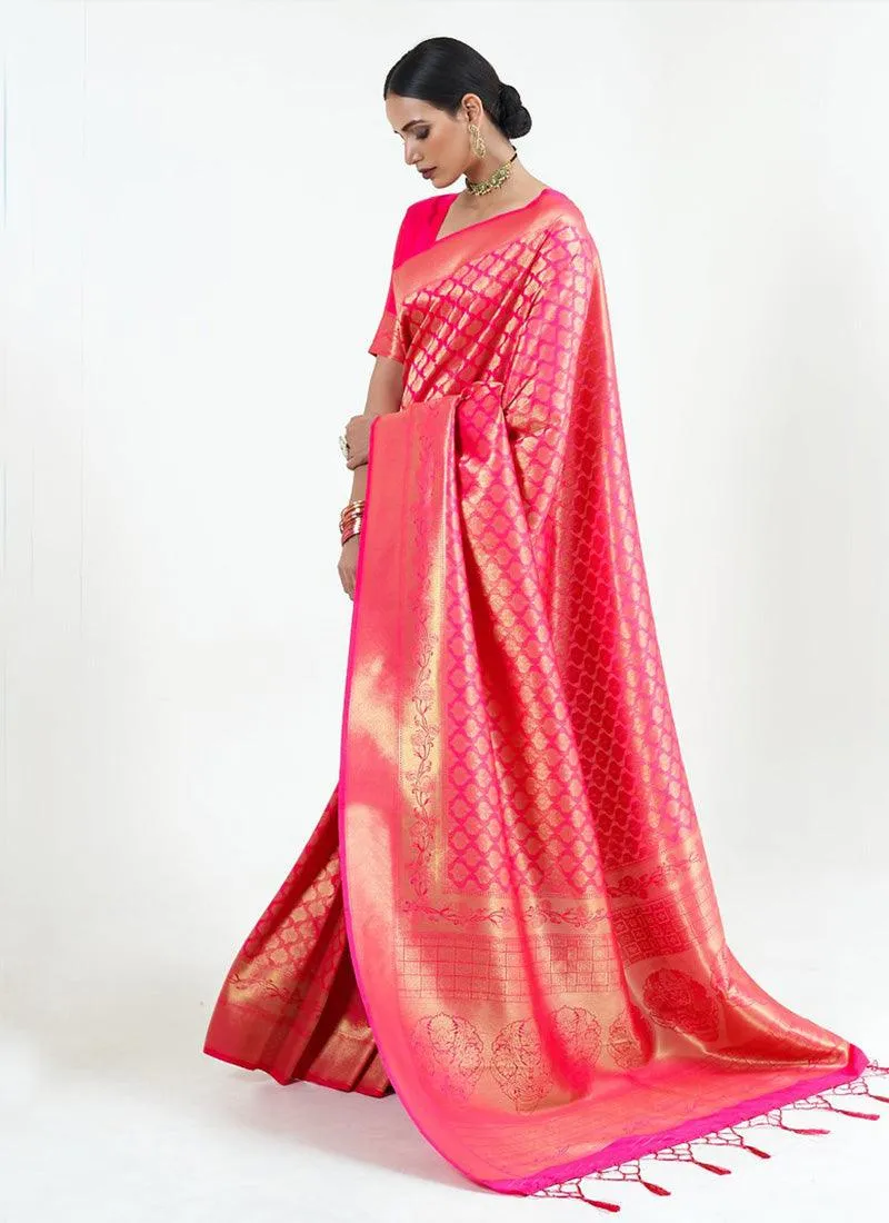 Aesthetic Look Deep Pink Color Silk Fabric Silk Weave Embroidered Saree