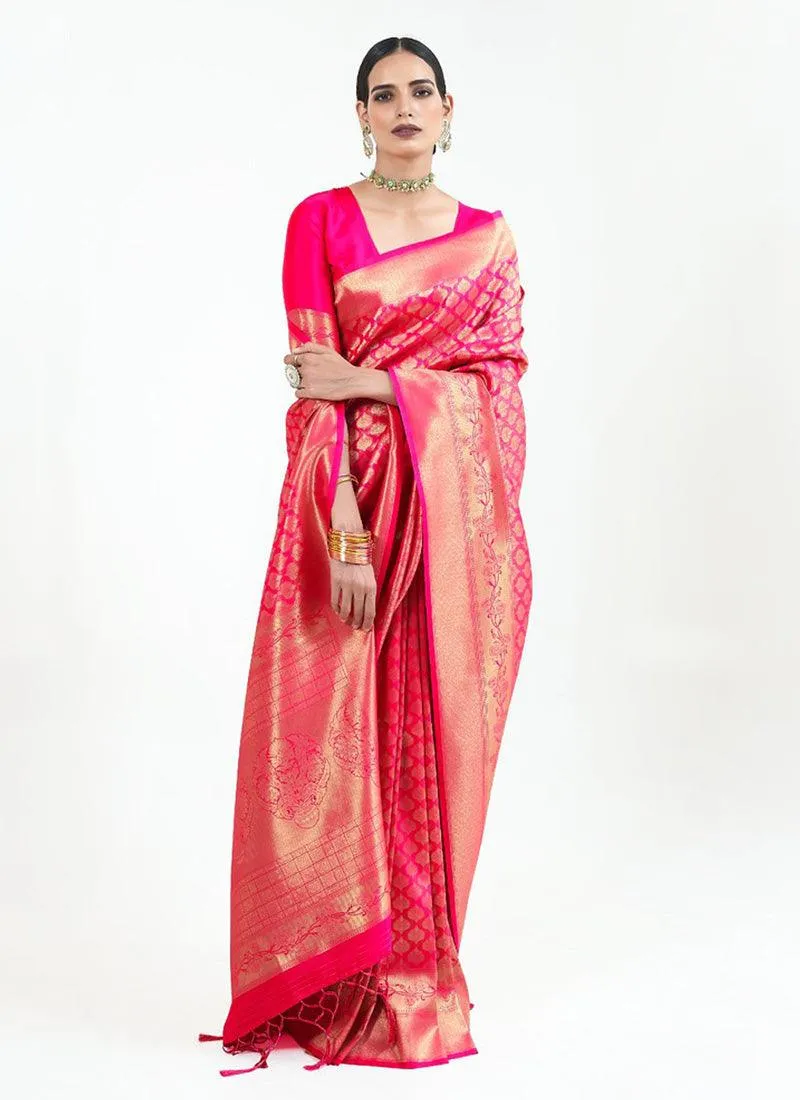 Aesthetic Look Deep Pink Color Silk Fabric Silk Weave Embroidered Saree