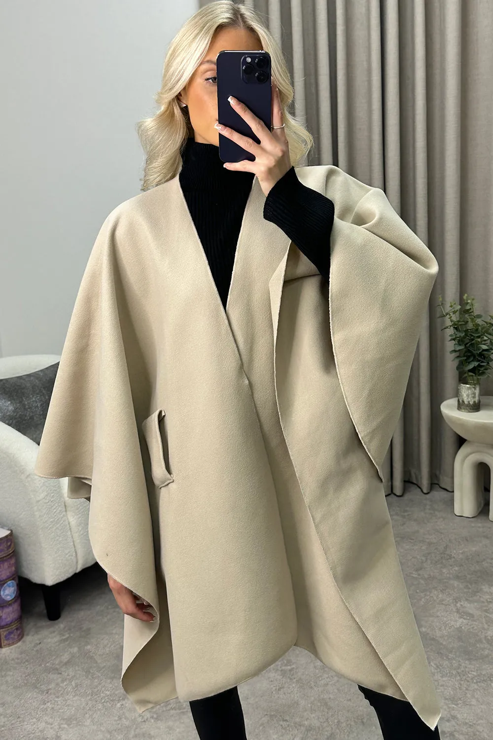 Andra Beige Wool Look Pull Through Cape