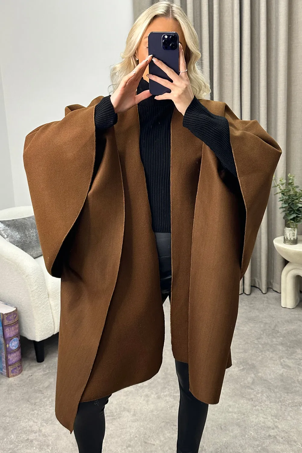 Andra Brown Wool Look Pull Through Cape