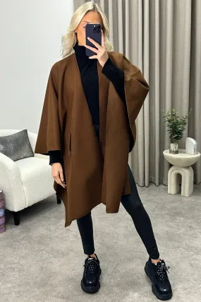 Andra Brown Wool Look Pull Through Cape