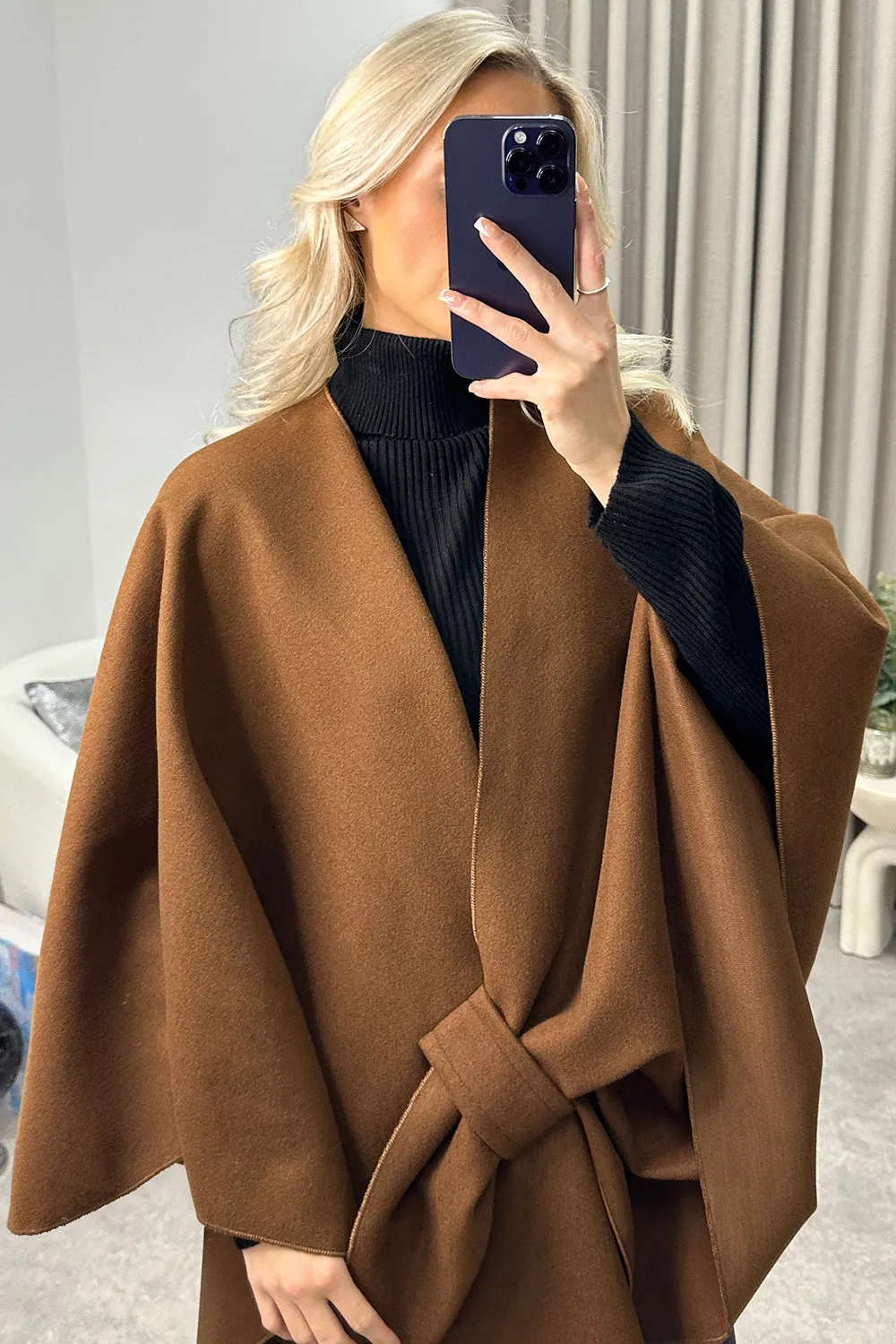 Andra Brown Wool Look Pull Through Cape