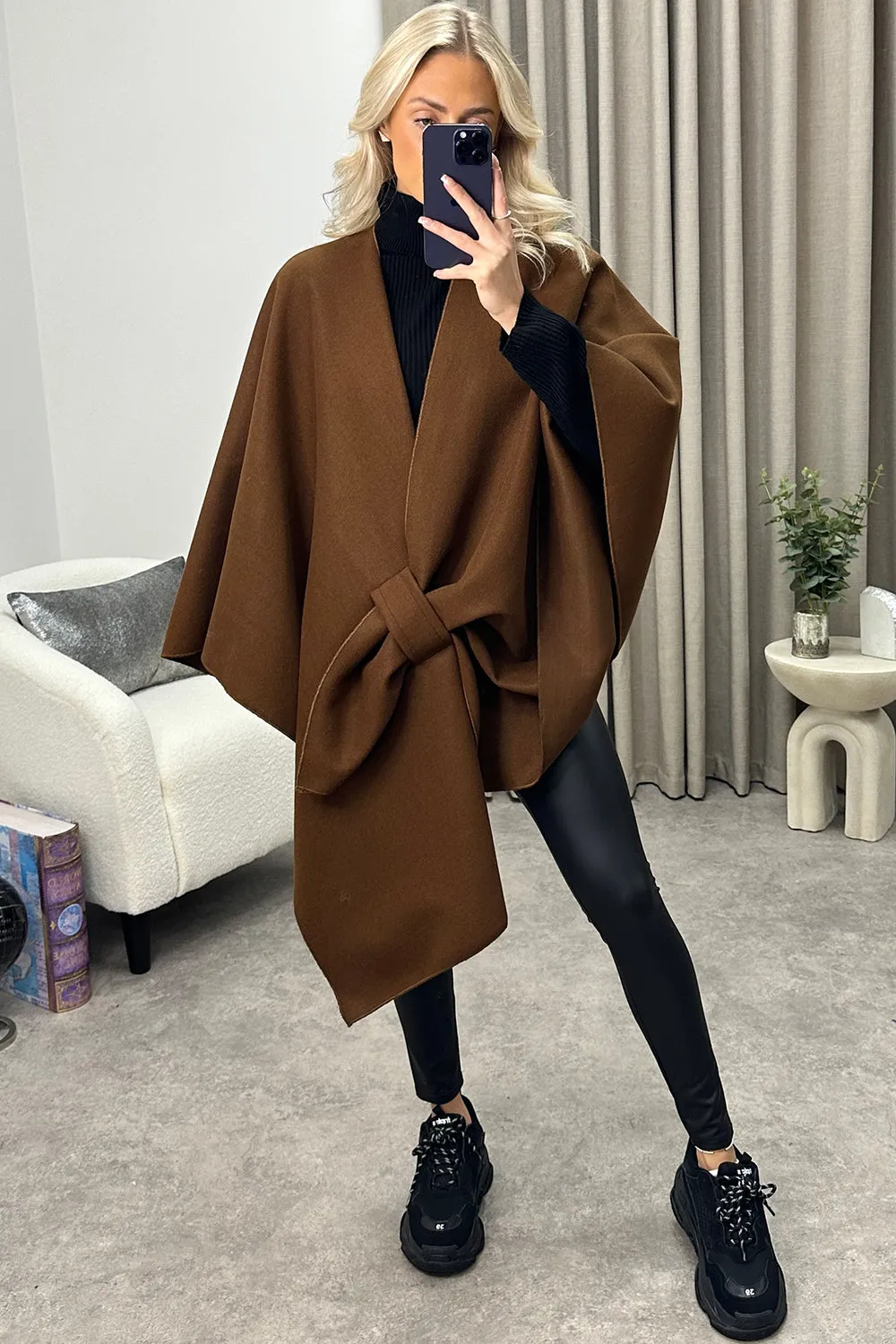 Andra Brown Wool Look Pull Through Cape