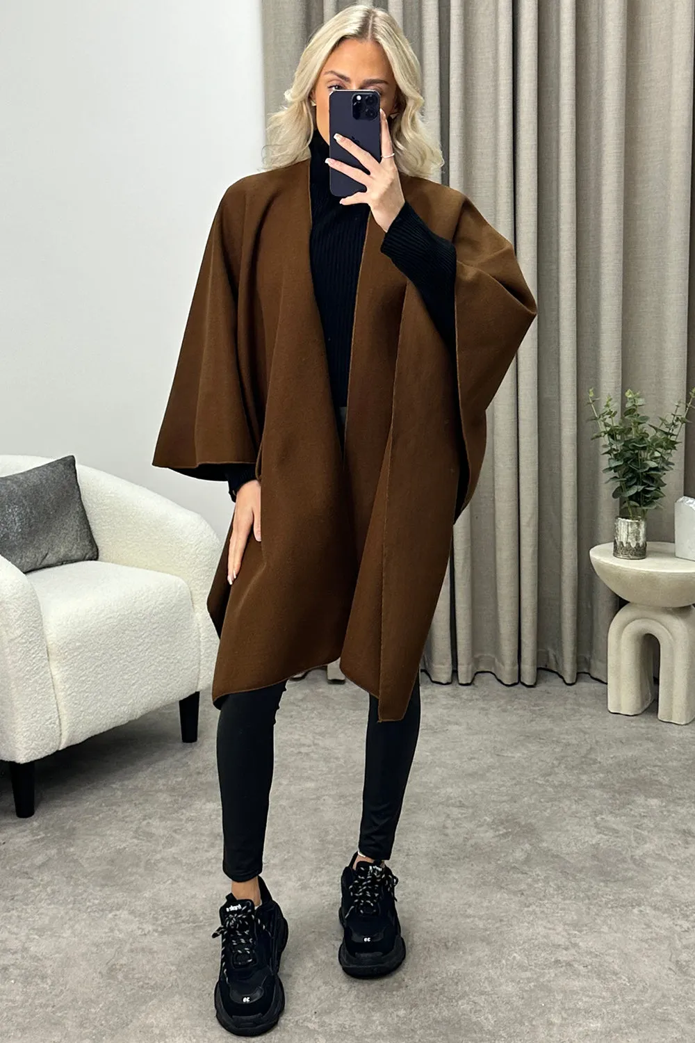 Andra Brown Wool Look Pull Through Cape