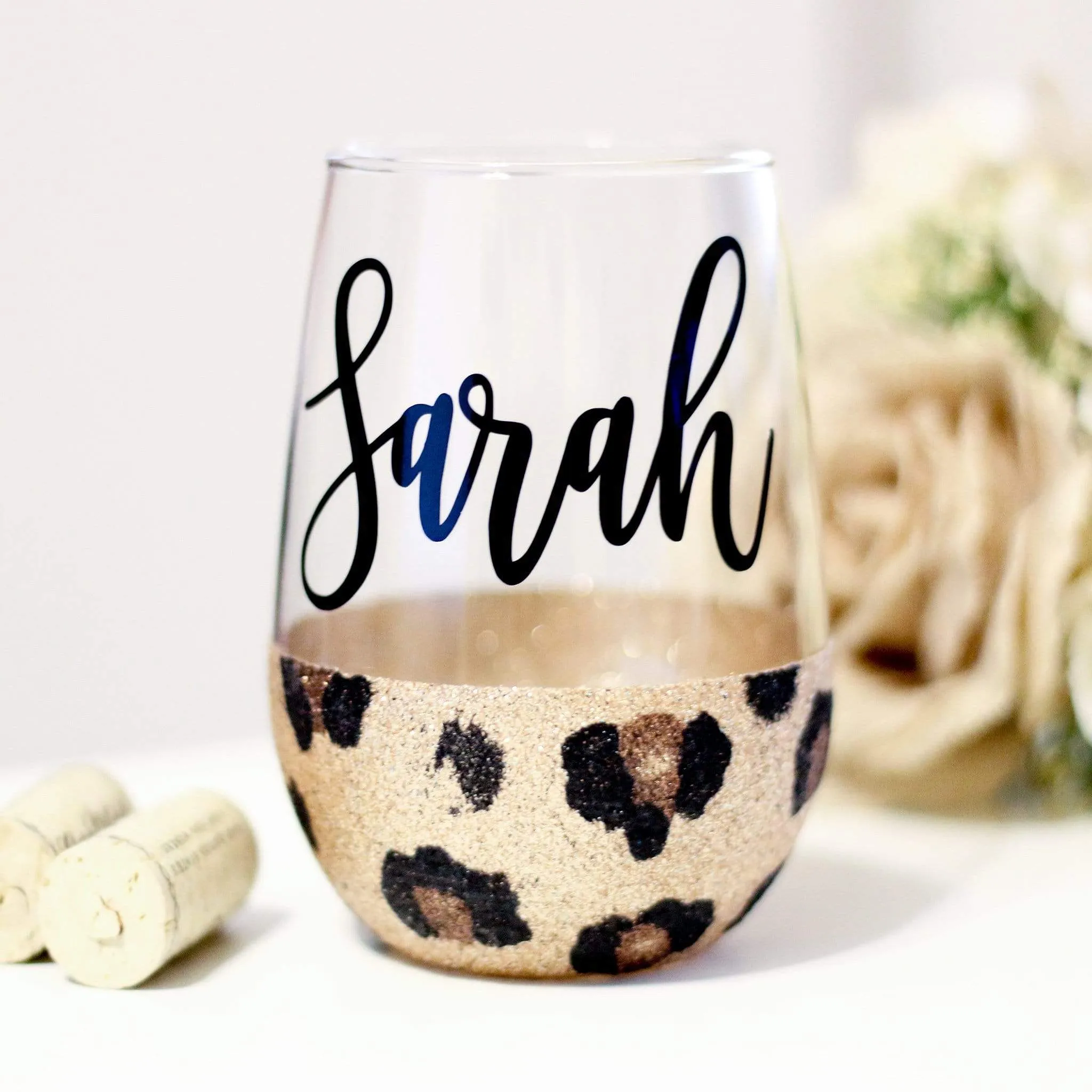 Cheetah Print personalized glitter stemless wine glass with name 21 oz