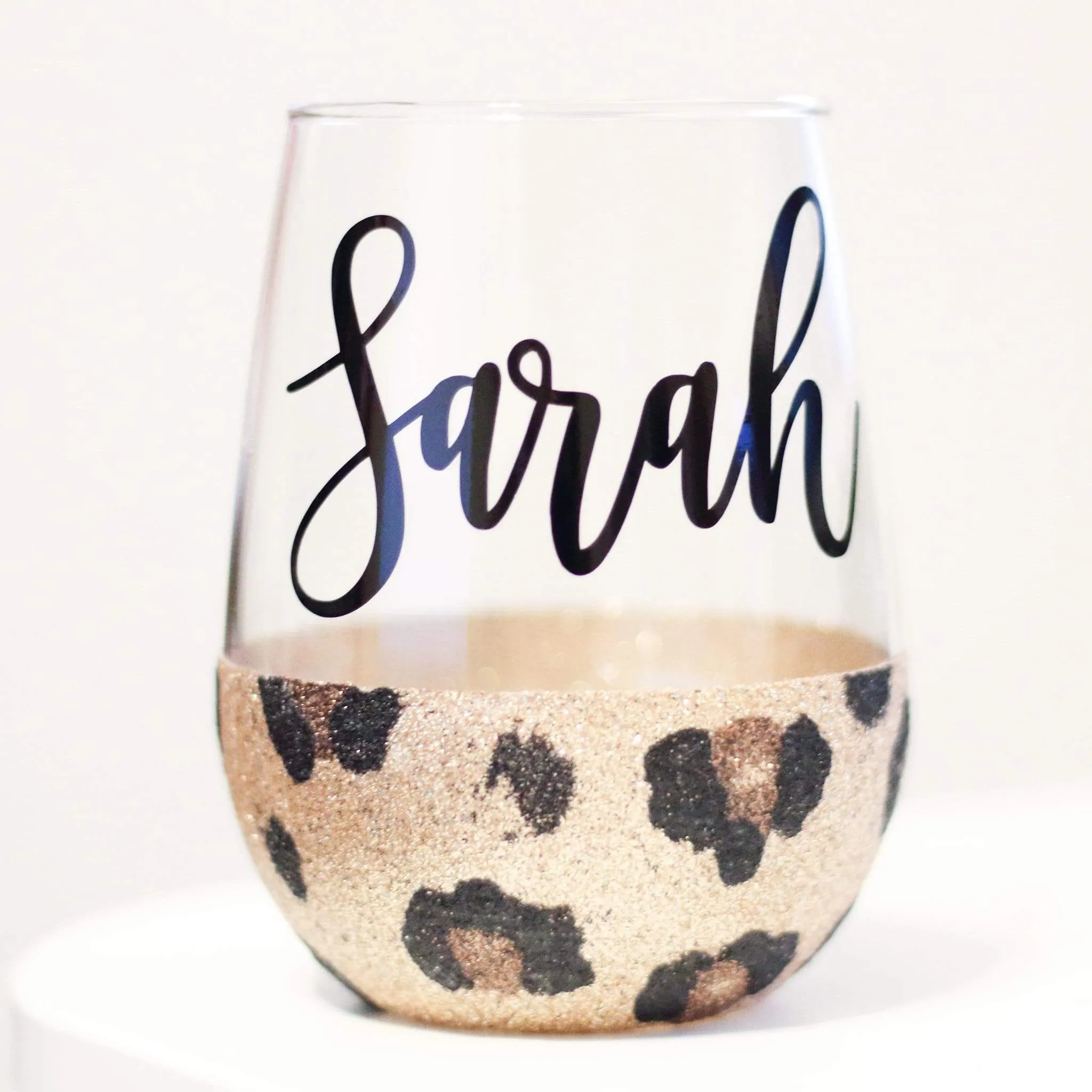 Cheetah Print personalized glitter stemless wine glass with name 21 oz