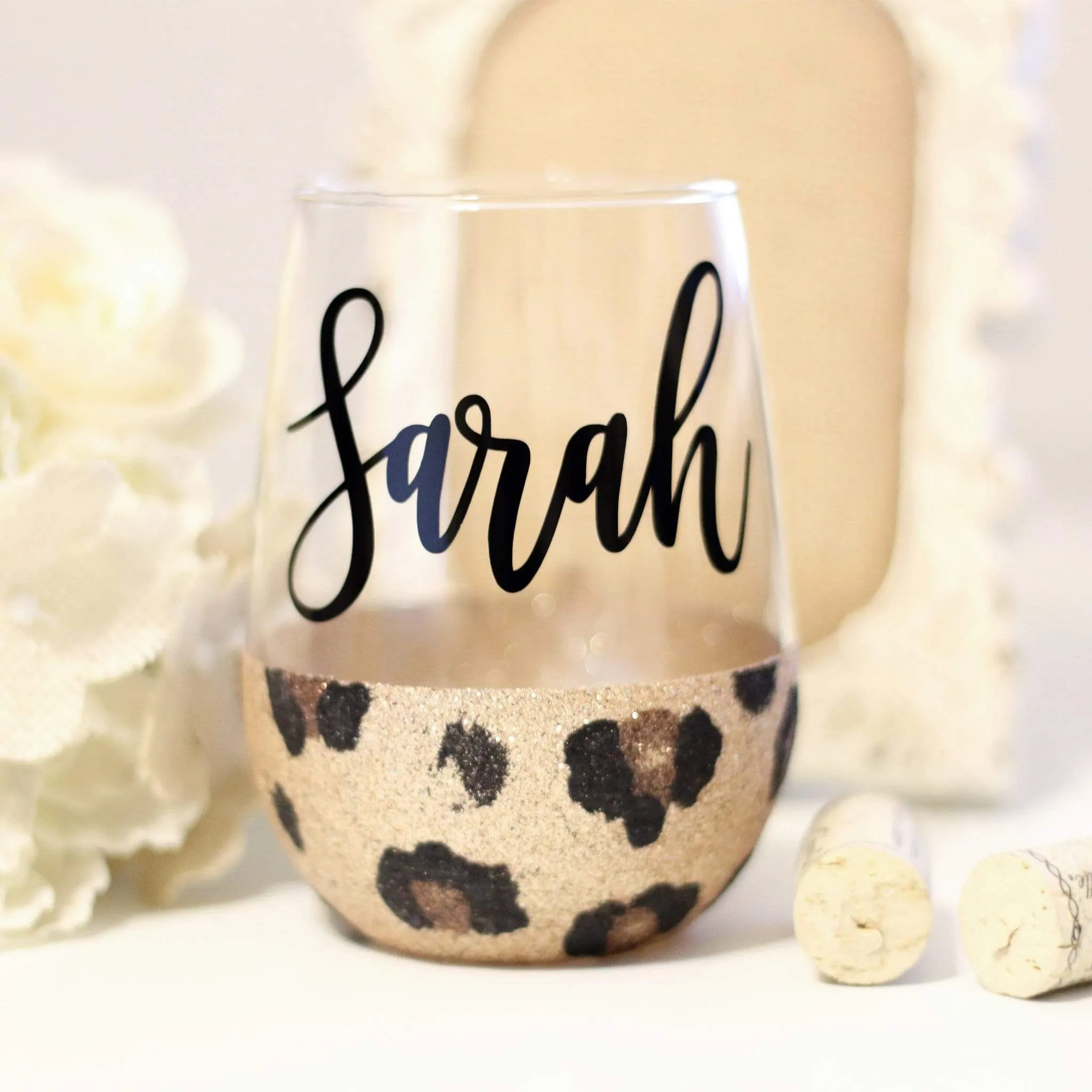 Cheetah Print personalized glitter stemless wine glass with name 21 oz