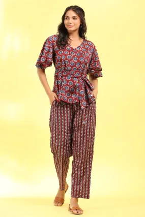 Dahlia with floral stripes on Cotton Maroon Loungewear Set