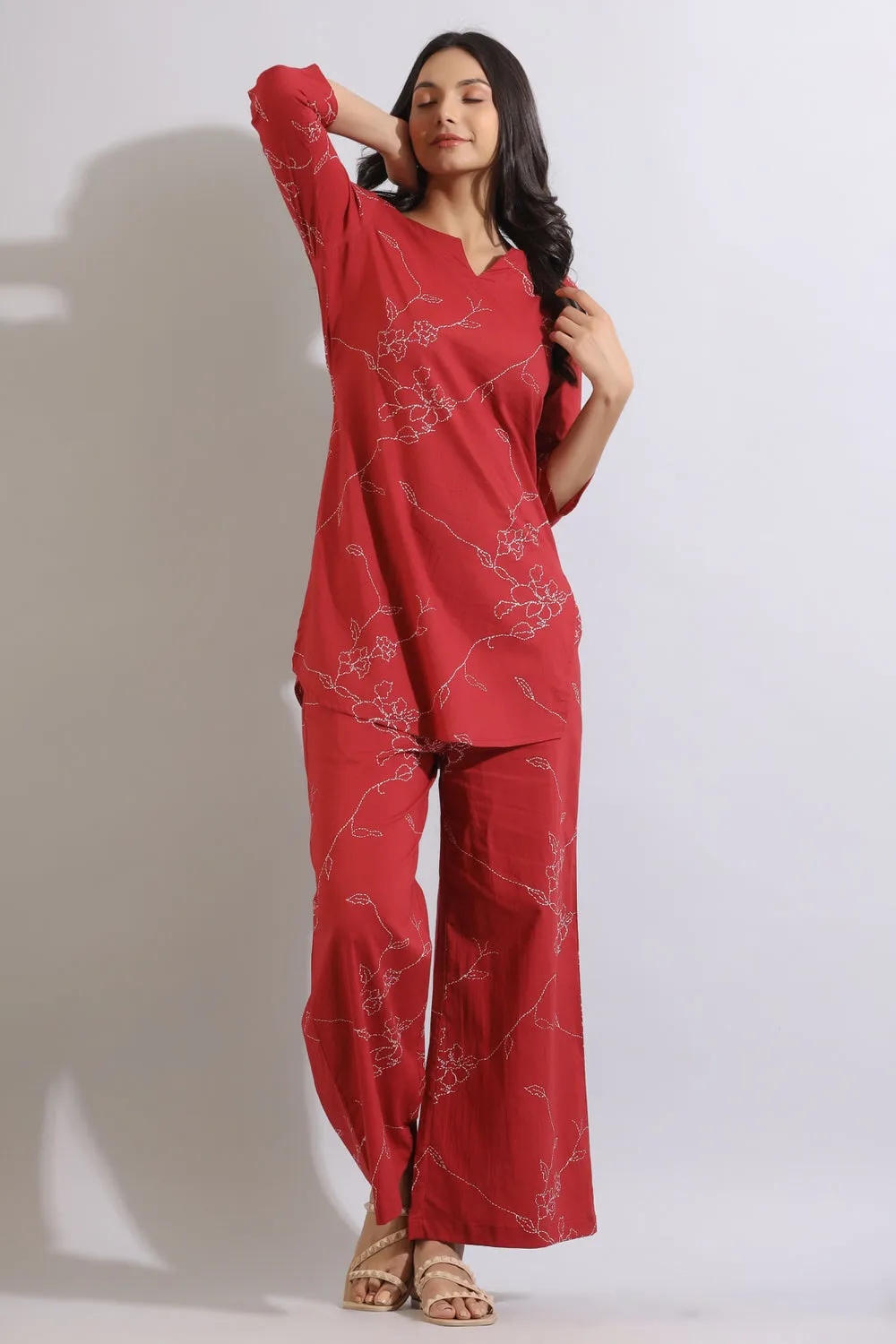 Floral Dots on Maroon Cotton Loungewear Set