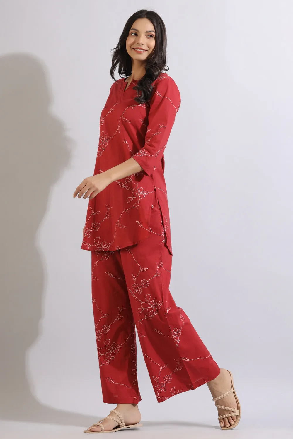 Floral Dots on Maroon Cotton Loungewear Set