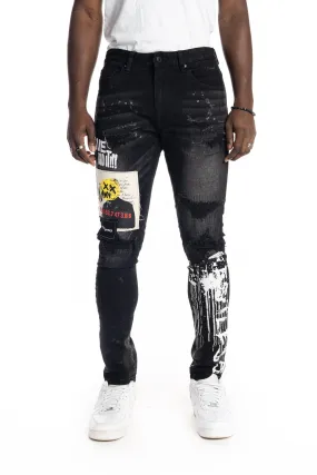 Graphic Patched Fashion Jeans - Dusty Black