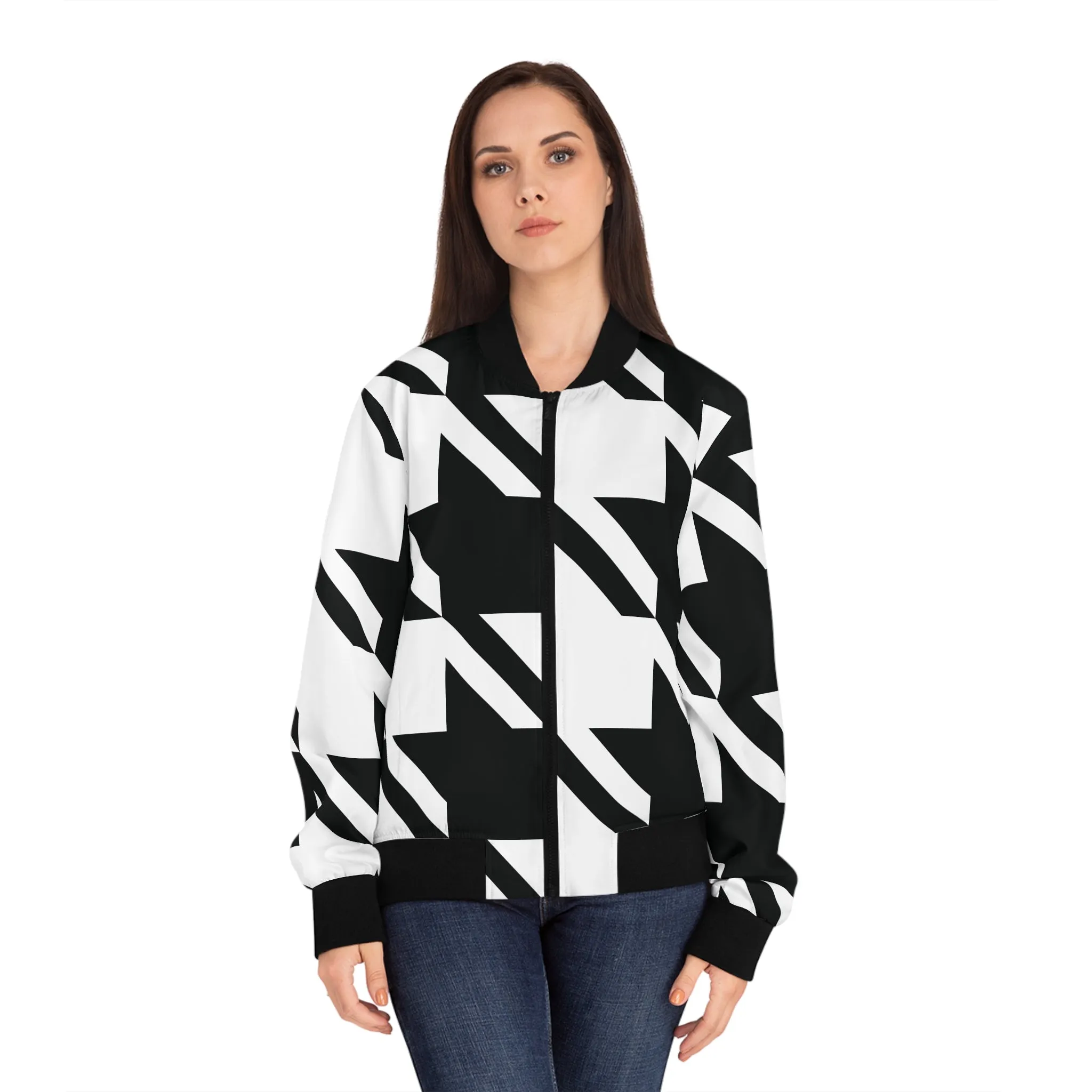 Houndstooth Glam: Women's Urban Bomber Jacket