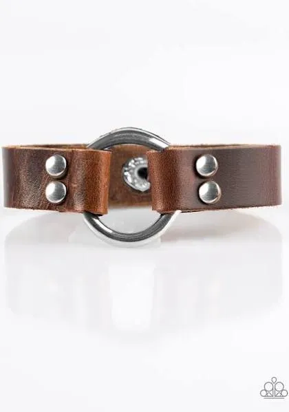 PAPARAZZI URBAN OUTLAW BROWN LEATHER SILVER HOOP URBAN WRAP BRACELET