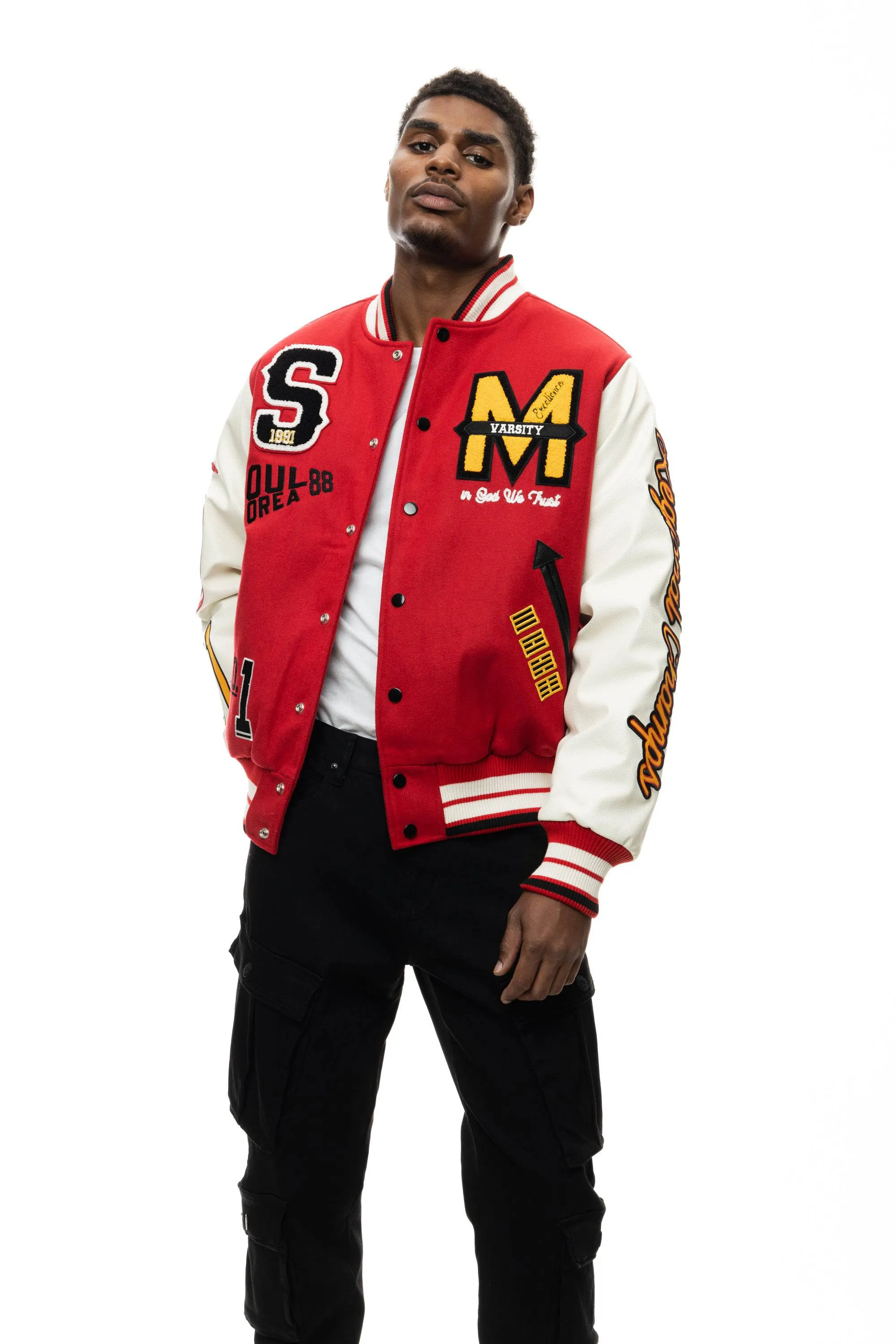 Patchwork Varsity Fashion Wool Jacket - Red