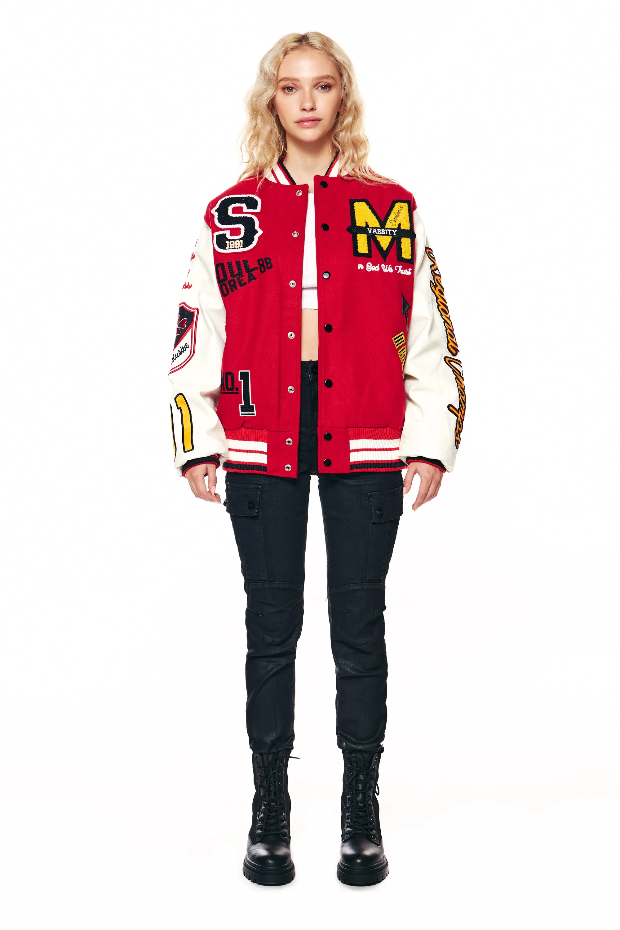 Patchwork Varsity Fashion Wool Jacket - Red