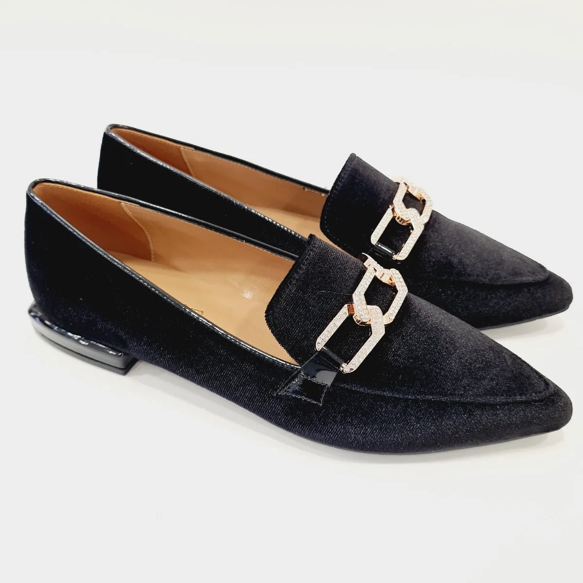 San Piero mocassino donna velluto nero con accessorio oro rif.21