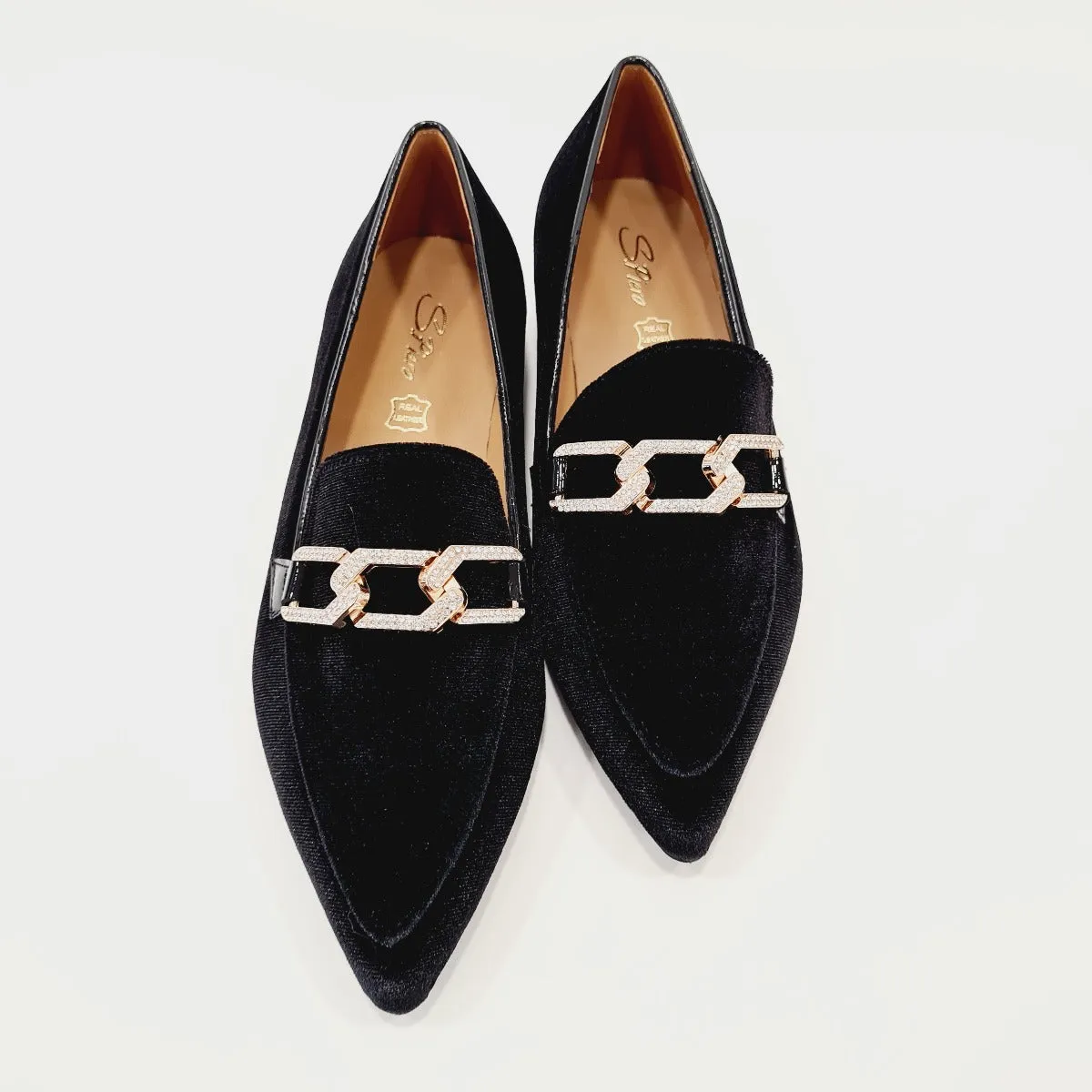 San Piero mocassino donna velluto nero con accessorio oro rif.21