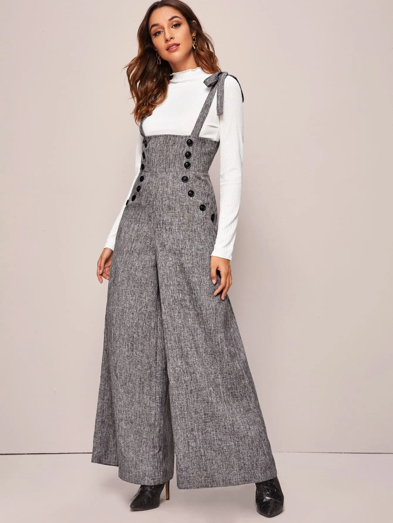 Unity Double Breasted Wide Leg Linen Look Suspender Jumpsuit