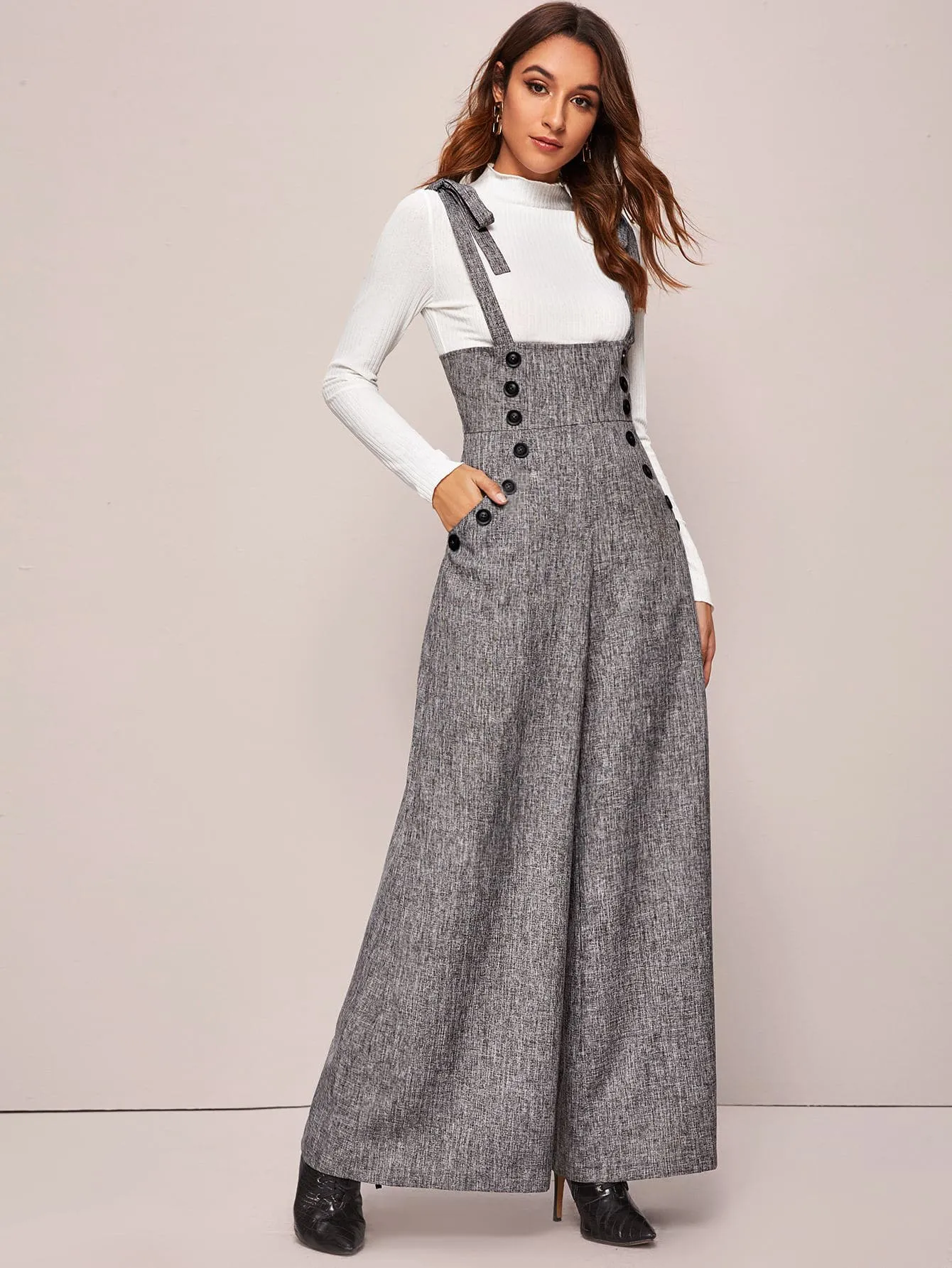 Unity Double Breasted Wide Leg Linen Look Suspender Jumpsuit