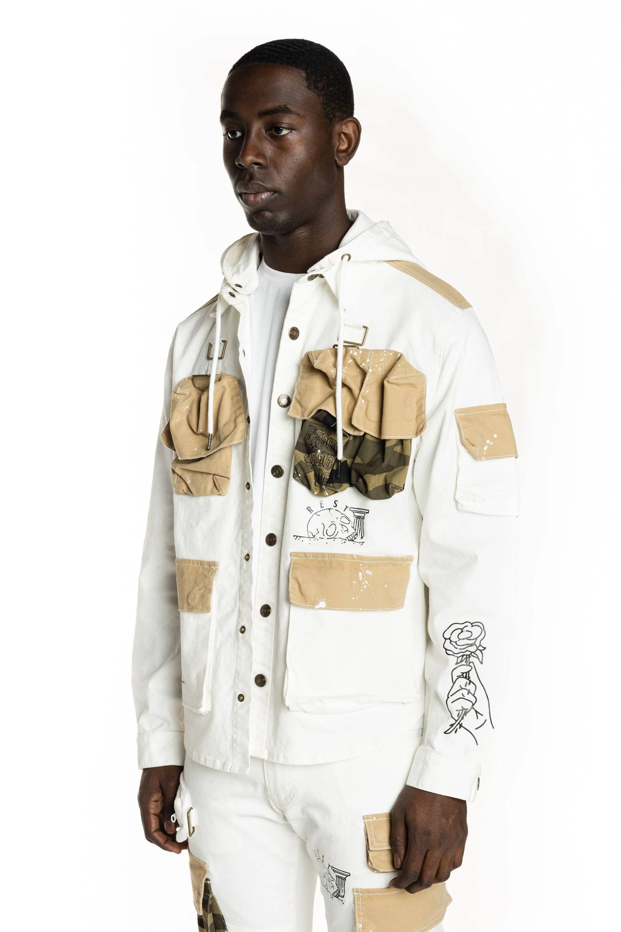 Utility Fashion Cargo Jacket With Hood - Cream