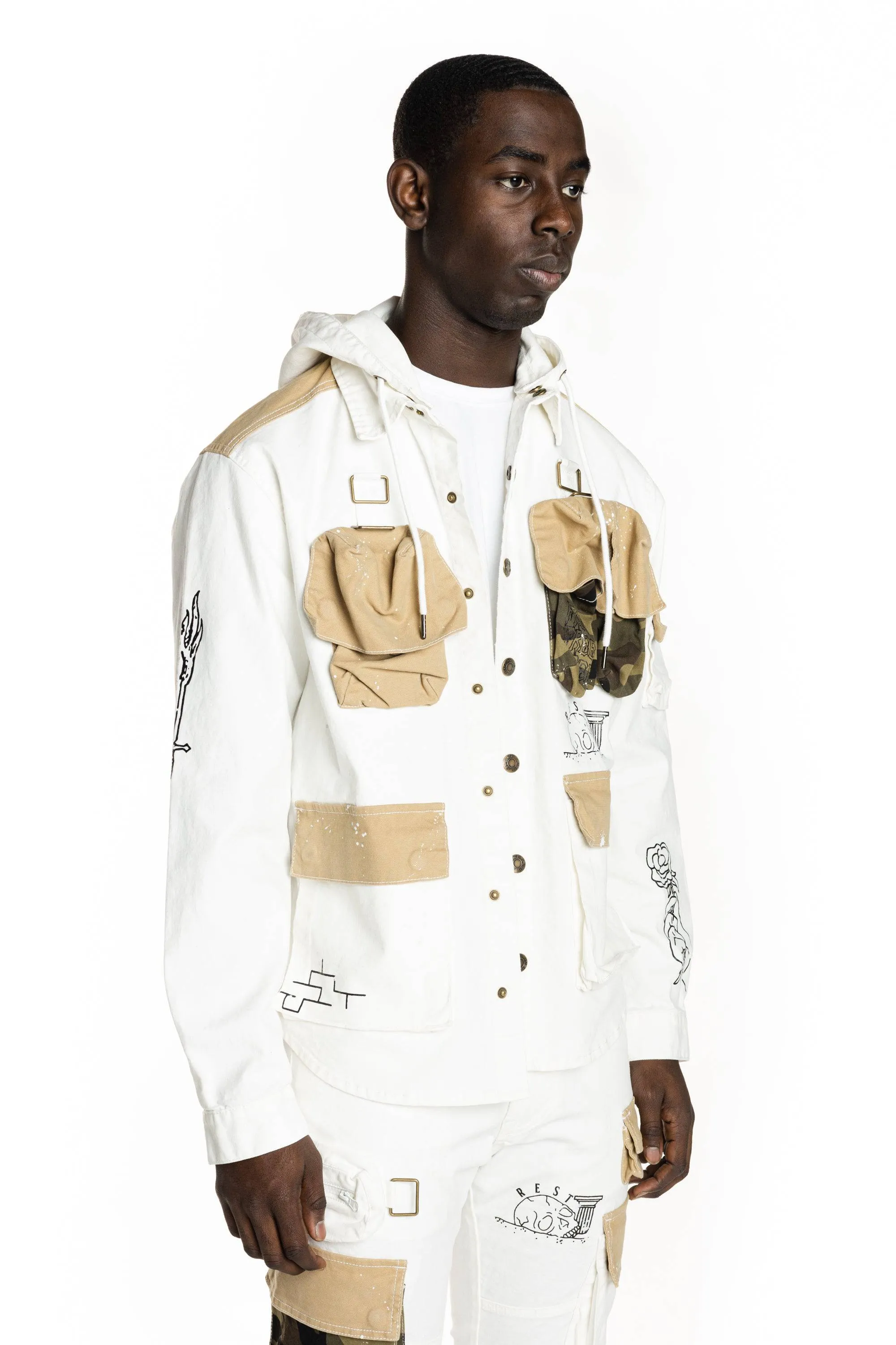 Utility Fashion Cargo Jacket With Hood - Cream