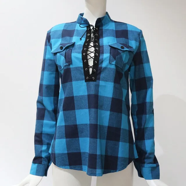 Women's Fashion Top Plaid Blouse Shirt