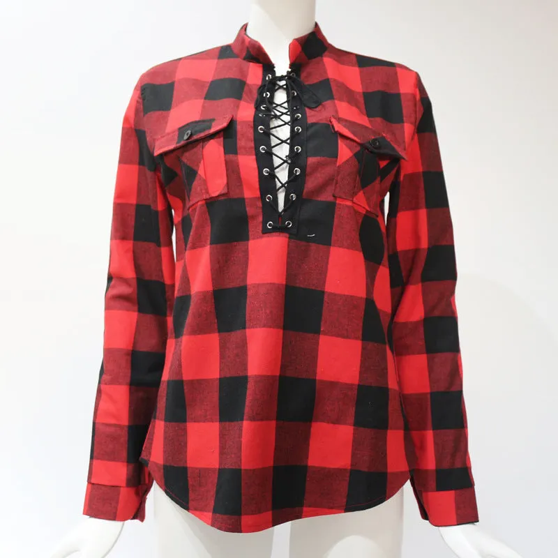 Women's Fashion Top Plaid Blouse Shirt